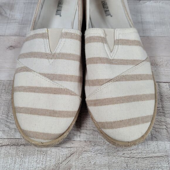 Womens Espadrilles Size 10 Slip On Shoes Tan Stripe Gold Thread Ashley Blue - Picture 9 of 11